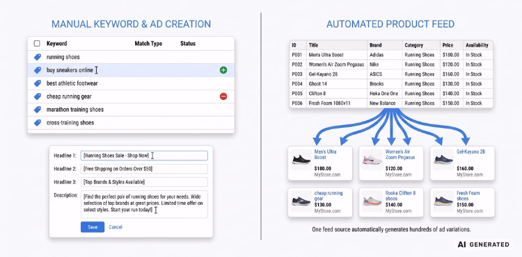 Ръчни ключови думи и текстове при Search Ads срещу продуктов фийд в Google Shopping, който автоматично генерира продуктови карти