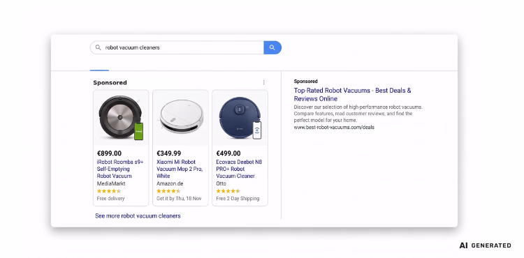 Google резултати за роботи прахосмукачки: Shopping продуктови карти със снимки и цени до текстова Search реклама на един екран