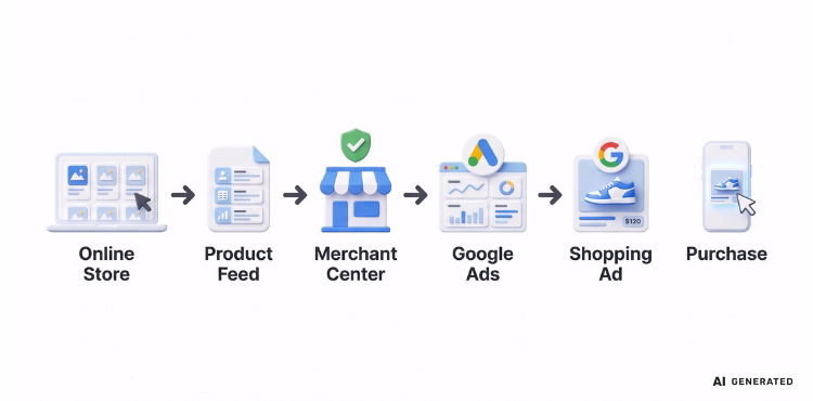 Инфографика с 6-те стъпки на Google Shopping: онлайн магазин, продуктов фийд, Merchant Center, Google Ads, продуктова обява и покупка от клиента