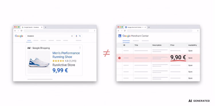Разминаване в цената: Google Shopping обява показва 9,99 €, а фийдът в Merchant Center съдържа 9,90 € и продуктът е отхвърлен