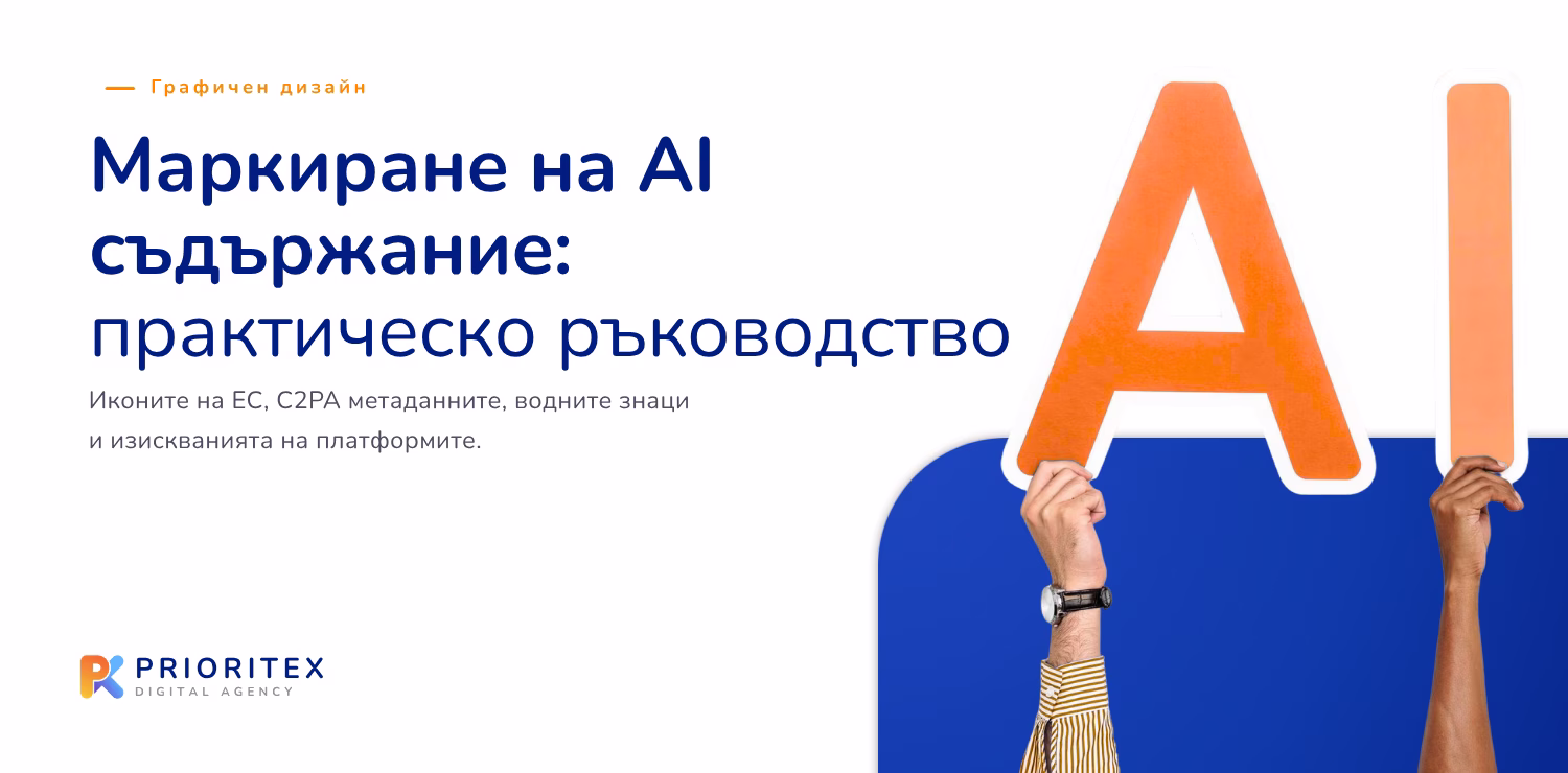 Маркиране на AI съдържание - заглавна визия на практическото ръководство за иконите на ЕС, C2PA и водните знаци