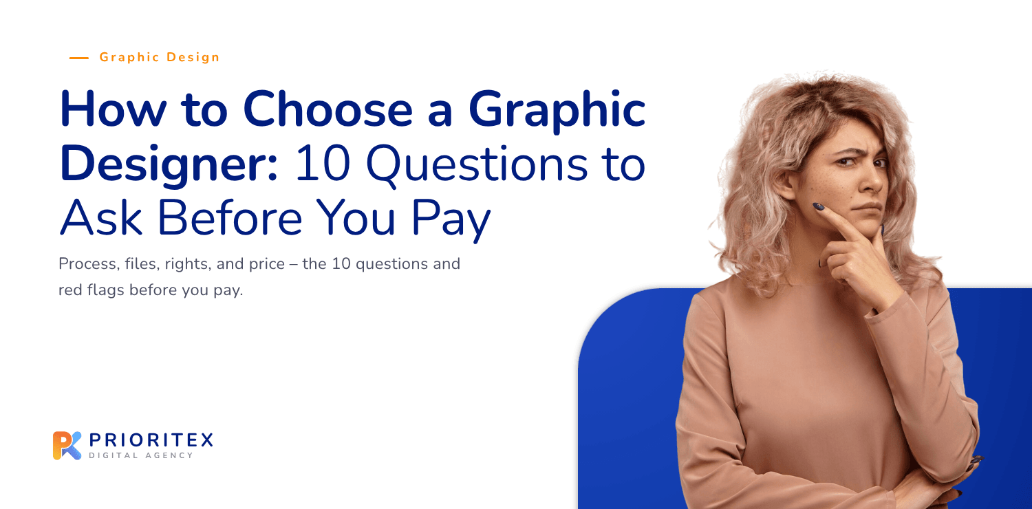 How to choose a graphic designer - article header visual with the 10 questions before you pay