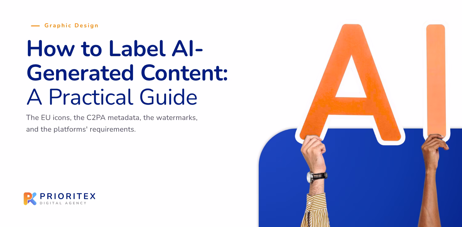 How to label AI-generated content - header visual of the practical guide to the EU icons, C2PA, and watermarks