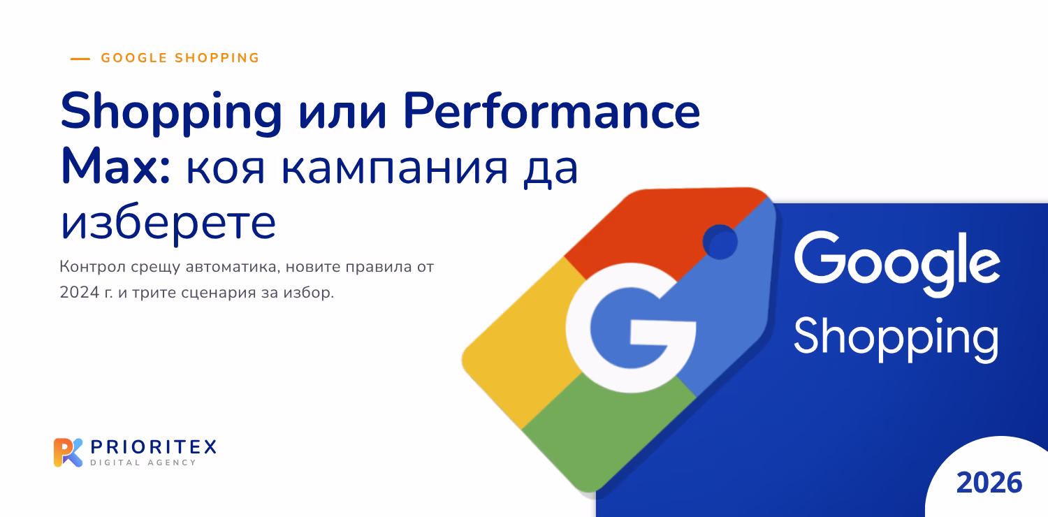 Shopping или Performance Max - заглавна визия с логото на Google Shopping и годината 2026