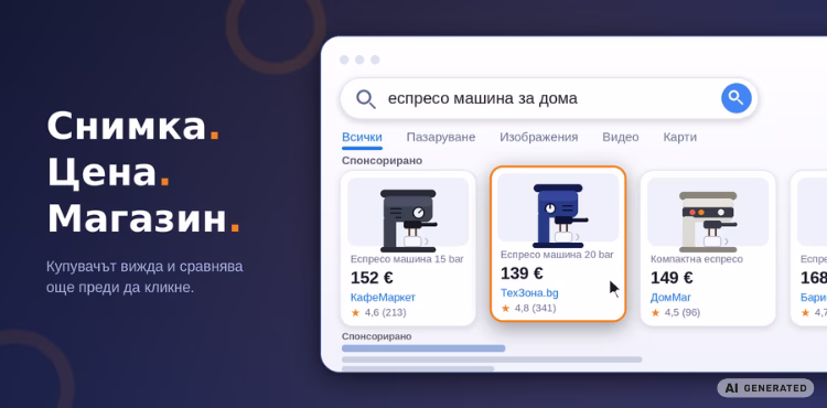 Продуктови карти в Google Shopping – снимка, цена и магазин директно в резултатите от търсенето.