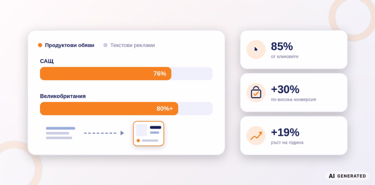 Статистики за Google Shopping от зрелите пазари – дял от бюджета в САЩ и Великобритания, кликове, конверсия и годишен ръст.